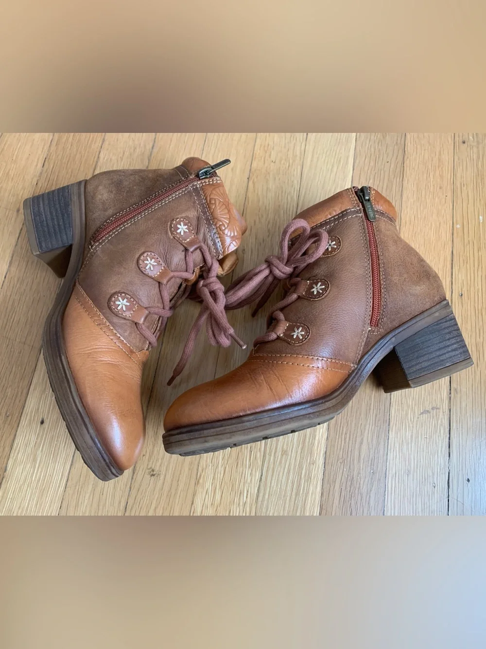 EUC PIKOLINO LYON Carmel/Brown Leather Lace-Up Side-Zip Ankle Boots Size 38/7.5